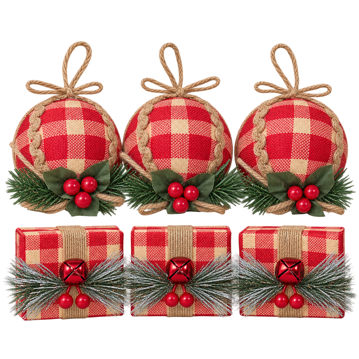 6 PIECE MERRY GINGHAM ORNAMENT SET