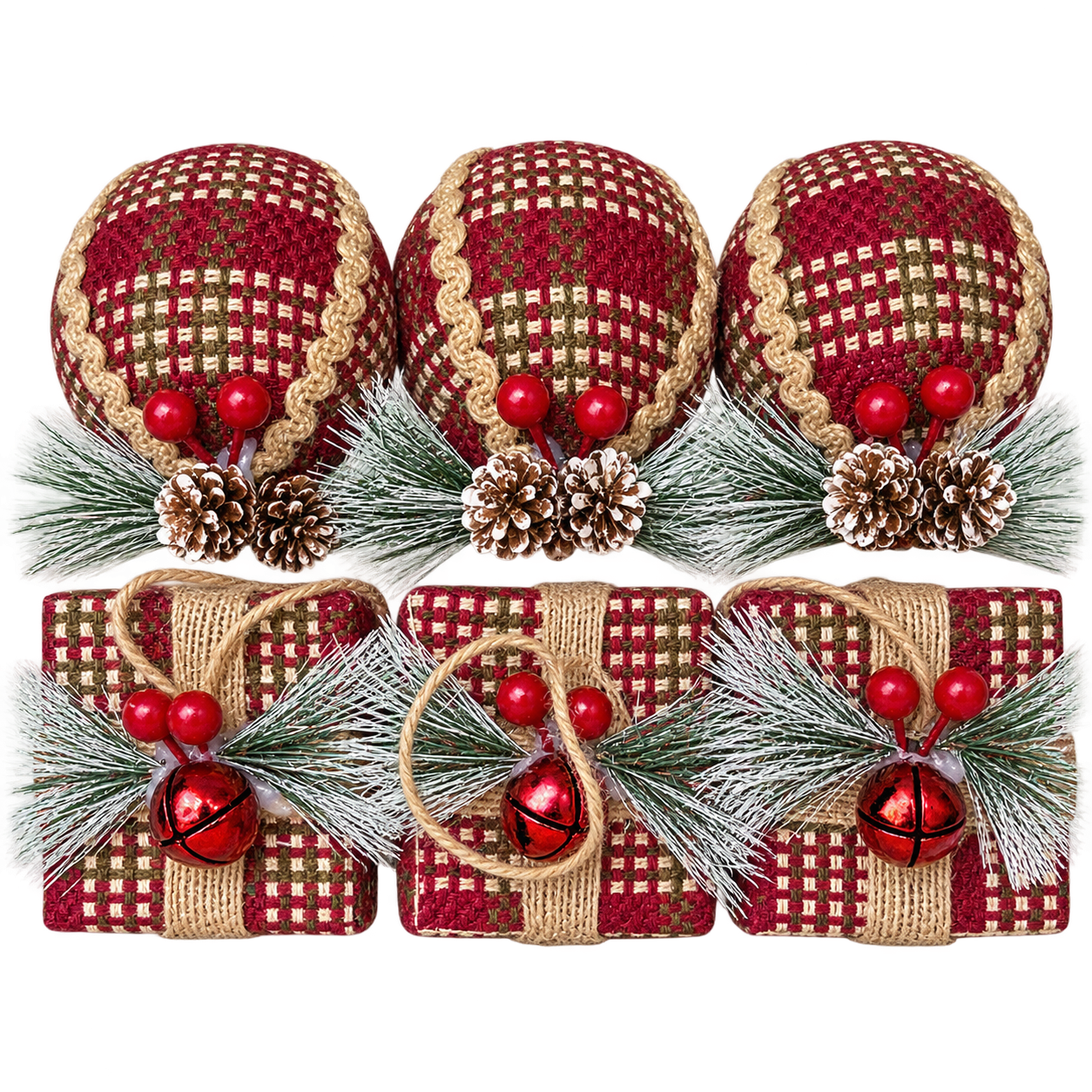 6 PIECE HERITAGE PLAID ORNAMENT SET